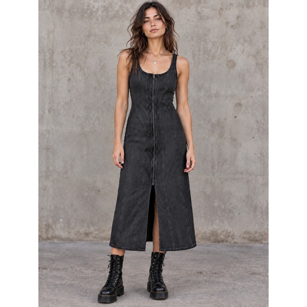 Universal Thread Denim Midi Dress Women 6 Black Zip Front Sleeveless Edgy Grunge
